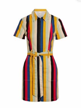 NWOT Alice & Olivia Boheme Multicolor Striped Zip-Front Belted Denim Dress Sz 2